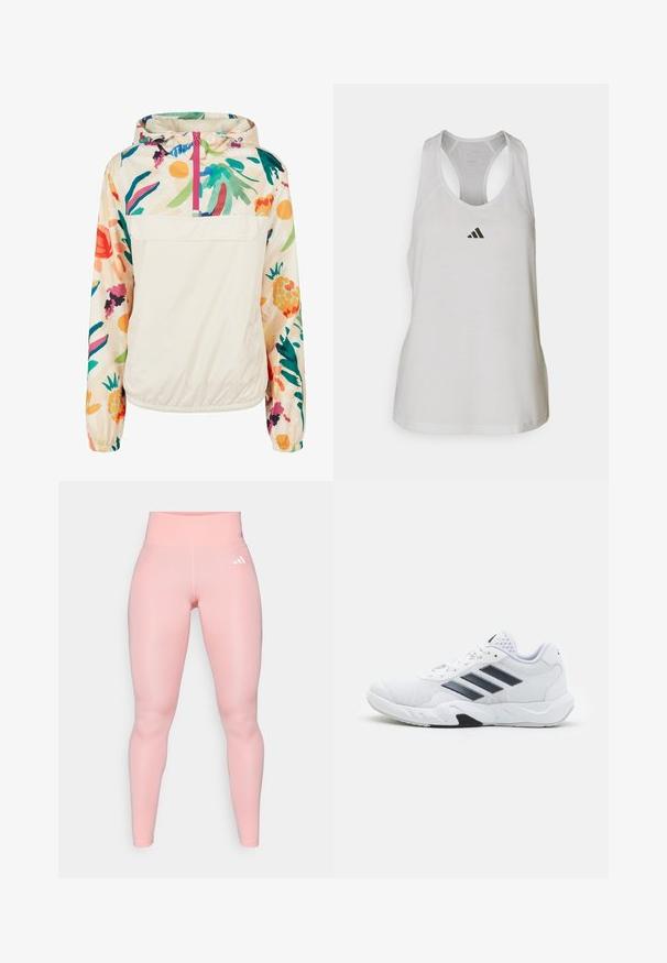 Leichter, cremefarbener Pullover-Jacke mit einem blumigen Muster in lebendigen Farben. Verfügt über einen Frontreißverschluss, eine Kapuze und elastische Bündchen für einen sicheren Sitz.; Weißes Sport-Top aus leichtem Stoff mit Racerback-Design und kleinem schwarzem Logo auf der Brust.; adidas Performance OPT ESS ST 1/1 - Tights - semi pink spark; Weißer Sportschuh mit Mesh-Obermaterial, drei schwarzen Streifen an der Seite, strukturierten Akzenten und einer robusten Gummisohle mit einem kontrastierenden schwarzen Bereich.