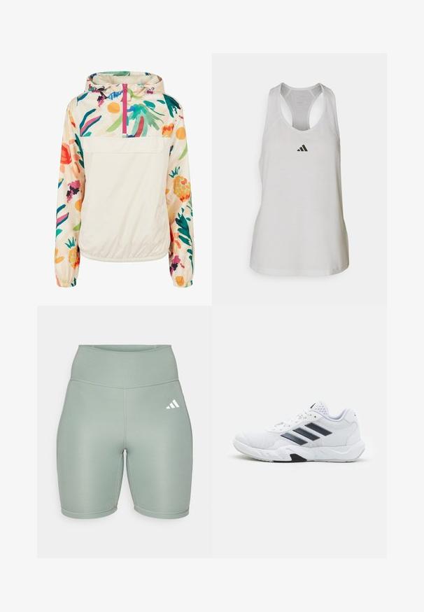 Lätt, krämfärgad pullover-jacka med blommönster i livliga färger. Har en framzip, huva och elastiska ärmslut för en säker passform.; Vit atletisk linne tillverkat av lättviktig tyg med racerback-design och en liten svart logotyp på bröstet.; Ljusgröna träningsshorts med hög midja, tillverkade av stretchmaterial, med flatlock-sömmar och en vit logotyp på vänster sida.; Vit sportskor med mesh-överdel, tre svarta ränder på sidan, texturerade detaljer och en stadig gummisula med en kontrasterande svart del.