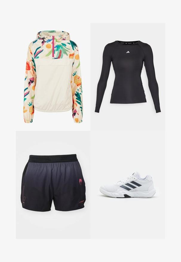 Kevyt, kerma värinen pullover-takki, jossa on kirkkaanvärinen kukkakuosi. Varustettu edessä olevalla vetoketjulla, hupulla ja elastisilla hihansuilla, jotka takaavat mukavan istuvuuden.; Musta pitkähihaisia urheilupaita, joka on valmistettu sileästä kankaasta, tiukasti istuvalla muotoilulla ja valkoisella logolla rinnassa sekä kauluksen sisäpuolella.; Mustat urheilushortsit, joissa on vähittäinen haalistuminen tummanharmaaksi, verkkomainen vyötärö, punaisia korostuksia ja hillittyjä kuvioita kankaassa.; Valkoiset urheilukengät, joissa on verkkomateriaali päällisessä, kolme mustaa raitaa sivussa, teksturoidut yksityiskohdat ja kestävä kumipohja, jossa on kontrastina musta osa.
