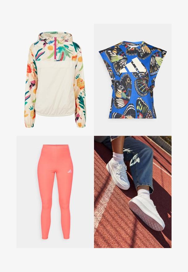 Letvægts, cremet pullover-jakke med et blomsterdesign i strålende farver. Har en lynlås foran, hætte og elastiske manchetter for en sikker pasform.; Blå kortærmet skjorte med et livligt sommerfuglemønster i forskellige farver, med et stort hvidt logo på forsiden og en rund halsudskæring.; Koralfarvede atletiske leggings lavet af strækbart materiale, med hvide sidelister og et lille hvidt logo på den øverste venstre front.; Hvide lædersneakers med perforeret tå, flade snørebånd og gummisål. Båret med hvide sokker og lyseblå jeans på en rød løbebane.