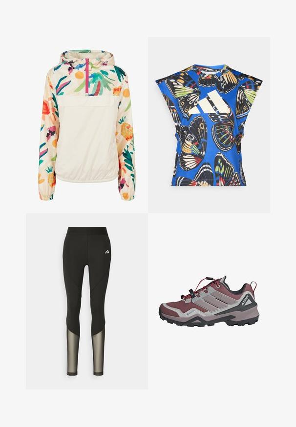 Letvægts, cremet pullover-jakke med et blomsterdesign i strålende farver. Har en lynlås foran, hætte og elastiske manchetter for en sikker pasform.; Blå kortærmet skjorte med et livligt sommerfuglemønster i forskellige farver, med et stort hvidt logo på forsiden og en rund halsudskæring.; Sorte atletiske leggings med høj talje, der har mesh-detaljer nederst på benene og et broderet logo på hoften.; Letvægts vandresko med en grå og burgunder mesh-overdel, røde accenter, GORE-TEX-logo og en robust sort gummisål for godt fodfæste.