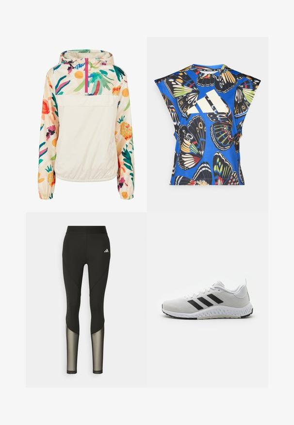 Letvægts, cremet pullover-jakke med et blomsterdesign i strålende farver. Har en lynlås foran, hætte og elastiske manchetter for en sikker pasform.; Blå kortærmet skjorte med et livligt sommerfuglemønster i forskellige farver, med et stort hvidt logo på forsiden og en rund halsudskæring.; Sorte atletiske leggings med høj talje, der har mesh-detaljer nederst på benene og et broderet logo på hoften.; Hvide atletiksko med sorte striber, mesh-overdel, gummisål og teksturerede detaljer. Har en afrundet tå og polstret krave.