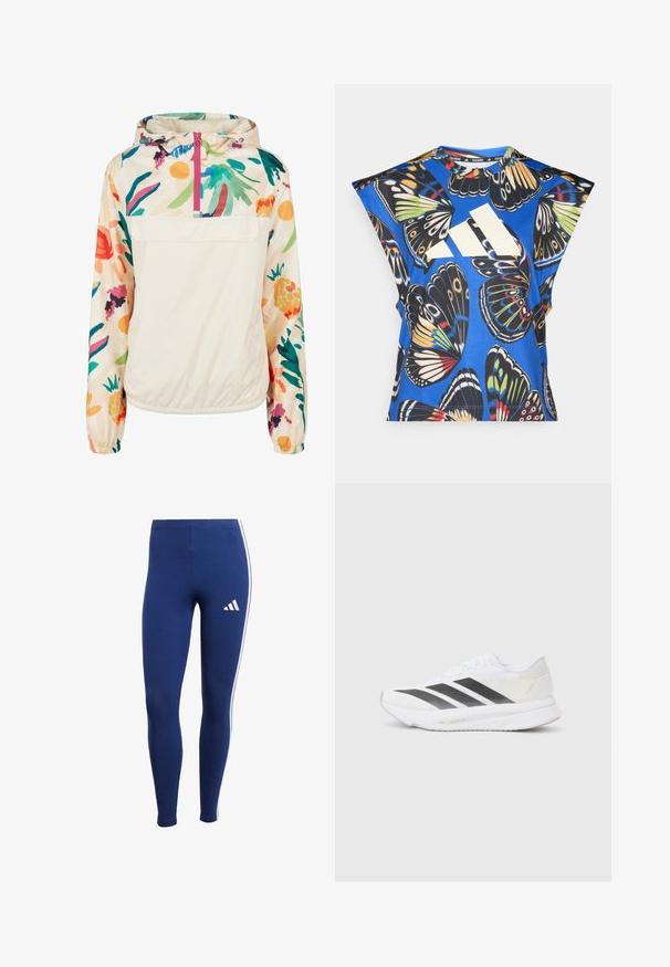 Giacca leggera a pullover in crema con un motivo floreale dai colori vivaci. Caratterizzata da una zip anteriore, cappuccio e polsini elastici per una vestibilità sicura.; Camicia blu a maniche corte con una vivace stampa di farfalle in vari colori, dotata di un grande logo bianco sul davanti e di un collo rotondo.; Leggings blu navy con strisce bianche sui lati e un logo del marchio sulla parte bassa della gamba. Realizzate in materiale elasticizzato per comfort e libertà di movimento.; Scarpa sportiva bianca con strisce diagonali nere, tomaia in rete, punta arrotondata e suola testurizzata. Gli accenti includono un tallone argentato e un design minimalista.