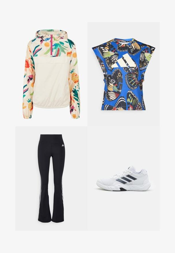 Letvægts, cremet pullover-jakke med et blomsterdesign i strålende farver. Har en lynlås foran, hætte og elastiske manchetter for en sikker pasform.; Blå kortærmet skjorte med et livligt sommerfuglemønster i forskellige farver, med et stort hvidt logo på forsiden og en rund halsudskæring.; adidas Performance FLARED - Træningsbukser - black; Hvid atletisk sko med mesh-overdel, tre sorte striber på siden, strukturerede accenter og en robust gummisål med et kontrasterende sort område.