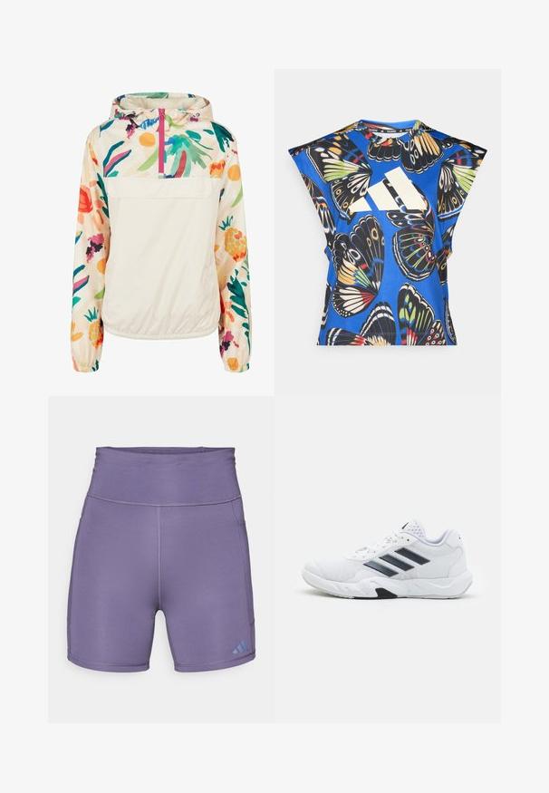 Lekka, kremowa kurtka z kapturem z kwiatowym wzorem w intensywnych kolorach. Posiada zamek z przodu, kaptur i elastyczne mankiety dla pewnego dopasowania.; Niebieska koszula z krótkim rękawem z żywym nadrukiem motyli w różnych kolorach, z dużym białym logo z przodu i okrągłym dekoltem.; Fioletowe spodenki sportowe z wysokim stanem, gładką powierzchnią i kontrastowym niebieskim logo z lewej strony u dołu. Posiadają szwy płaskie.; Białe buty sportowe z siateczkową cholewką, trzy czarne paski po boku, teksturowane akcenty i solidna gumowa podeszwa z kontrastującą czarną sekcją.