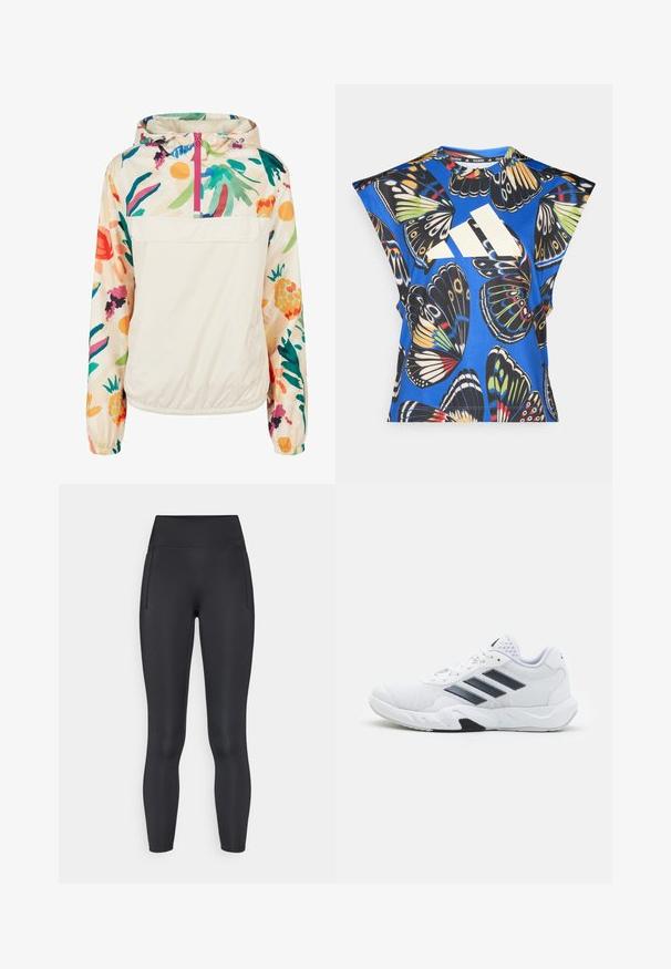 Lightweight, cream pullover jacket with a floral pattern in vibrant colors. Features a front zip, hood, and elastic cuffs for a secure fit.; Blue short-sleeve shirt featuring a vibrant butterfly print in various colors, with a large white logo on the front and a round neckline.; Black fitted leggings made from stretchy fabric, featuring a high waistband and two side pockets for convenience. Smooth texture.; White athletic shoe with mesh upper, three black stripes on the side, textured accents, and a sturdy rubber sole with a contrasting black section.