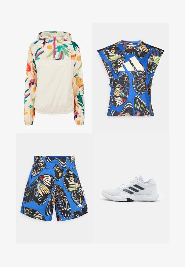 Lehký krémový pulover s květinovým vzorem v živých barvách. Má přední zip, kapuci a elastické manžety pro bezpečné nošení.; Modrá košile s krátkými rukávy, která má živý potisk motýlů v různých barvách, velké bílé logo na přední straně a kulatý výstřih.; Modré šortky s potiskem motýlů v černé, žluté a červené barvě. Elastický pas a boční kapsy, vyrobené z lehkého materiálu.; Bílé sportovní boty s vrškem ze síťoviny, třemi černými pruhy po stranách, texturovanými akcenty a odolnou gumovou podrážkou s kontrastní černou částí.