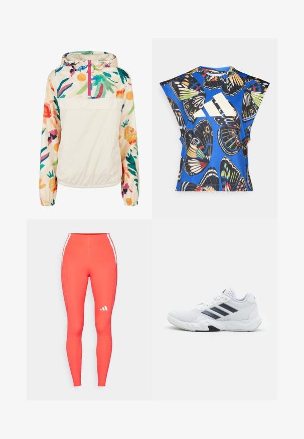 Lagani, krem pulover jakna s cvjetnim uzorkom u živim bojama. Ima prednji zip, kapuljaču i elastične manžete za sigurno prianjanje.; Plava košulja kratkih rukava s vibrantnim uzorkom leptira u raznim bojama, s velikim bijelim logom sprijeda i okruglim izrezom.; Visokoprofilne tajice u svijetlo koraljnoj boji s bijelim bočnim prugama i malim bijelim logotipom na lijevoj nozi. Glatka, rastezljiva tkanina.; Bijela atletska cipela s mrežastim gornjim dijelom, tri crne pruge sa strane, strukturirani detalji i čvrst gumeni potplat s kontrastnim crnim dijelom.