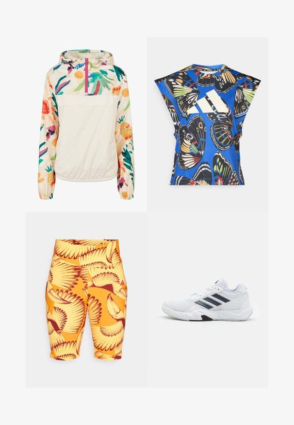 Lahki, kremni pulover jakna s cvetličnim vzorcem v živih barvah. Ima sprednji zadrgo, kapuco in elastične manšete za varen oprijem.; Modra kratka majica s kratkimi rokavi, ki vsebuje živahno potisk z metulji v različnih barvah, z velikim belim logotipom spredaj in okroglim izrezom.; Večbarvne kratke hlače z živahno rumeno podlago, okrašene z vzorcem rdečih in rjavih ptic z zapletenimi podrobnostmi o njegovih krilih, izdelane iz elastičnega materiala.; Bela atletska čevlja z mrežastim zgornjim delom, tremi črnimi črtami na strani, teksturiranimi dodatki in trdim gumijastim podplatom z kontrastnim črnim delom.