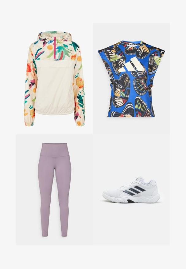 Könnyű, krémszínű pulóver dzseki élénk színekben pompázó virágmintával. Elöl cipzárral, kapucnival és elasztikus mandzsettákkal a biztonságos illeszkedés érdekében.; Kék, rövid ujjú ing, amelyet élénk pillangó mintázat díszít különböző színekben, az elején egy nagy fehér logóval és kerek nyakkivágással.; Magas derékkal készült, levendula színű leggings, rugalmas anyagból, sima textúrával, látható minták vagy fémalkatrészek nélkül.; Fehér sportcipő, hálós felsőrésszel, az oldalon három fekete csíkkal, textúrázott részletekkel és egy tartós gumi talppal, amelynek ellentétes fekete szakasza van.