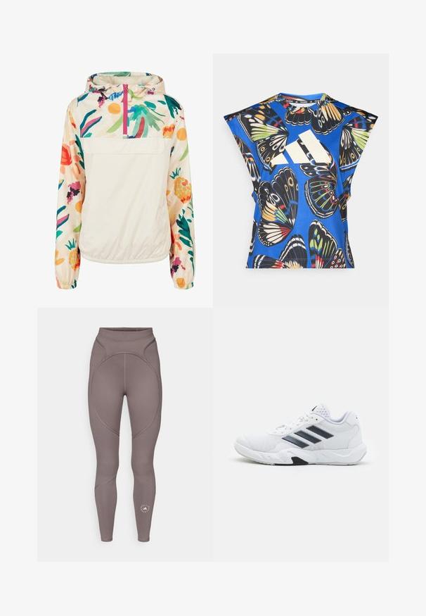 Jachetă pulover ușoară, din crem, cu un model floral în culori vibrante. Are un fermoar frontal, gluga și manșete elastice pentru o fixare sigură.; Cămașă albastră cu mânecă scurtă, decorată cu un imprimeu vibrant de fluturi în diverse culori, având un mare logo alb pe față și un guler rotund.; adidas by Stella McCartney Leggings - charcoal; Adidași albi cu partea superioară din plasă, trei dungi negre pe lateral, accente texturate și o talpă din cauciuc solidă cu o secțiune contrastantă neagră.