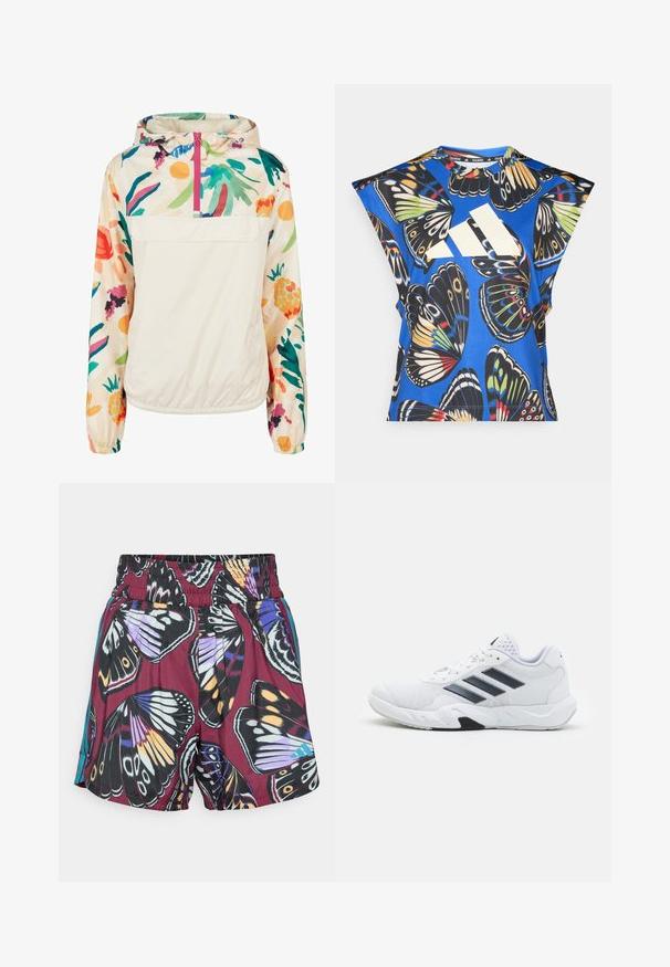 Lengvas, kreminės spalvos megztinis su gėlėmis ryškiomis spalvomis. Savybės: priekinis užtrauktukas, kapišonas ir elastingi rankogaliai, užtikrinantys tvirtą tinkamumą.; Mėlyna trumpomis rankovėmis marškinėliai, puošti ryškiais drugelių motyvais įvairiomis spalvomis, su dideliu baltu logotipu priekyje ir apvaliu iškirpimu.; Šortai su ryškiu drugelių raštu purpurinės, juodos ir oranžinės spalvų atspalviuose. Elastinga juosmens juosta su švelniais šonais turkio spalva.; Baltas sportinis batelis su tinklelio viršumi, trimis juodomis juostelėmis šone, tekstūruotais akcentais ir tvirtu guminio pado su kontrastinga juoda dalimi.