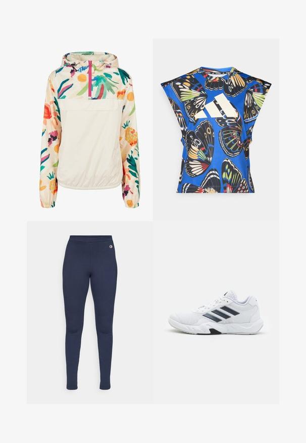Veste à capuche légère en crème avec un motif floral aux couleurs vives. Elle dispose d'une fermeture éclair à l'avant et de poignets élastiques pour un ajustement sécurisé.; Chemise bleue à manches courtes ornée d'un imprimé de papillons colorés, avec un grand logo blanc sur le devant et un col rond.; Leggings navy en tissu extensible, présentant un design ajusté avec une taille lisse et un petit logo accentué sur la hanche.; Baskets blanches avec une tige en maille, trois rayures noires sur le côté, des accents texturés et une semelle en caoutchouc robuste avec une section noire contrastante.