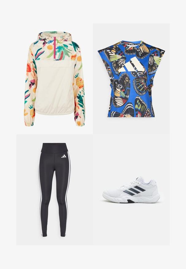 Giacca leggera a pullover in crema con un motivo floreale dai colori vivaci. Caratterizzata da una zip anteriore, cappuccio e polsini elastici per una vestibilità sicura.; Camicia blu a maniche corte con una vivace stampa di farfalle in vari colori, dotata di un grande logo bianco sul davanti e di un collo rotondo.; Leggings neri a vita alta, con strisce bianche sui fianchi e un piccolo logo bianco sulla coscia sinistra. Realizzati in materiale liscio ed elasticizzato.; Scarpa sportiva bianca con tomaia in mesh, tre strisce nere sui lati, dettagli testurizzati e una suola in gomma robusta con una sezione nera a contrasto.
