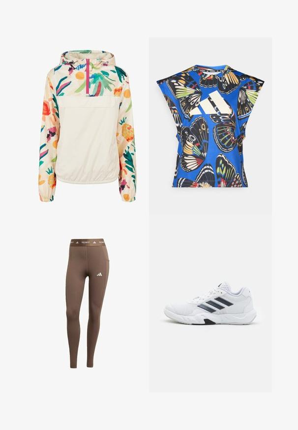 Lehký krémový pulover s květinovým vzorem v živých barvách. Má přední zip, kapuci a elastické manžety pro bezpečné nošení.; Modrá košile s krátkými rukávy, která má živý potisk motýlů v různých barvách, velké bílé logo na přední straně a kulatý výstřih.; Hnědé sportovní legíny vyrobené z elastického materiálu. Na levé noze mají bílé logo a značkový pas. Hladká textura a těsný střih.; Bílé sportovní boty s vrškem ze síťoviny, třemi černými pruhy po stranách, texturovanými akcenty a odolnou gumovou podrážkou s kontrastní černou částí.