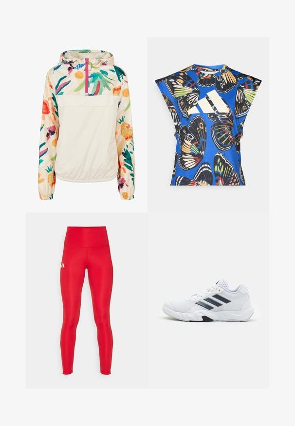 Leichter, cremefarbener Pullover-Jacke mit einem blumigen Muster in lebendigen Farben. Verfügt über einen Frontreißverschluss, eine Kapuze und elastische Bündchen für einen sicheren Sitz.; Blaues Kurzarmhemd mit lebhaftem Schmetterlingsdruck in verschiedenen Farben, einem großen weißen Logo auf der Vorderseite und einem runden Halsausschnitt.; adidas Performance Lauftights - team power red; Weißer Sportschuh mit Mesh-Obermaterial, drei schwarzen Streifen an der Seite, strukturierten Akzenten und einer robusten Gummisohle mit einem kontrastierenden schwarzen Bereich.