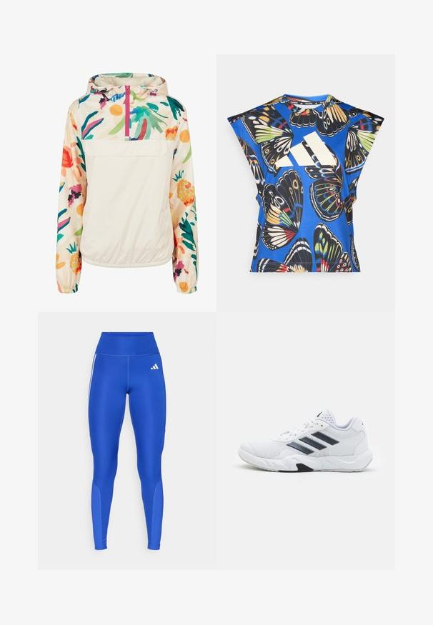 Chaqueta ligera de crema con un patrón floral en colores vibrantes. Presenta un cierre frontal, capucha y puños elásticos para un ajuste seguro.; Camisa de manga corta azul con un vibrante estampado de mariposas en varios colores, con un gran logo blanco en la parte delantera y un escote redondo.; Leggings deportivos azules con una cintura alta, hechos de una tela suave. Presentan franjas blancas y un logo en el muslo izquierdo, así como paneles laterales texturizados.; Zapatilla deportiva blanca con parte superior de malla, tres franjas negras a los lados, acentos texturizados y una suela de goma resistente con una sección negra en contraste.