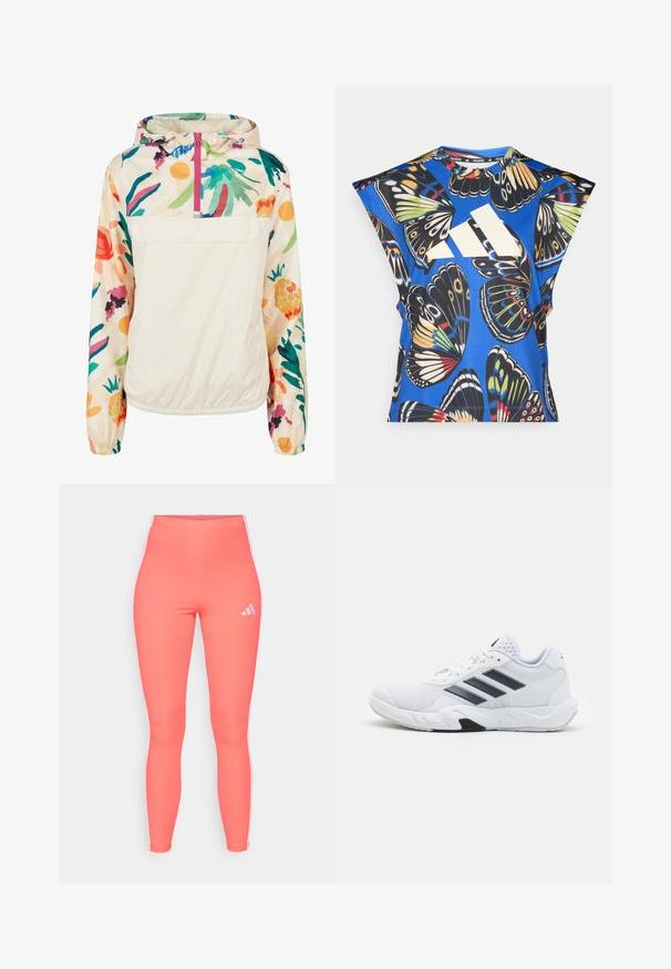 Lekka, kremowa kurtka z kapturem z kwiatowym wzorem w intensywnych kolorach. Posiada zamek z przodu, kaptur i elastyczne mankiety dla pewnego dopasowania.; Niebieska koszula z krótkim rękawem z żywym nadrukiem motyli w różnych kolorach, z dużym białym logo z przodu i okrągłym dekoltem.; Korale legginsy sportowe wykonane z elastycznego materiału, z białymi paskami po bokach i małym białym logo z przodu, w górnym lewym rogu.; Białe buty sportowe z siateczkową cholewką, trzy czarne paski po boku, teksturowane akcenty i solidna gumowa podeszwa z kontrastującą czarną sekcją.