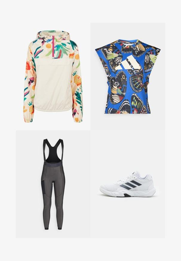 Gaišs, krēmkrāsas džemperis ar ziedu rakstu spilgtās krāsās. Iespējas ietver priekšējo rāvējslēdzēju, kapuci un elastīgas aproces drošai piegulšanai.; Zils īsām piedurknēm krekls ar dzīvīgu tauriņu drukājumu dažādās krāsās, ar lielu baltu logo priekšpusē un apaļu kakla izgriezumu.; Bibs stila velosipēdu bikses tumši pelēkā krāsā. Izgatavotas no elastīga materiāla, ar mīkstinātu sēdekli, sietveida siksnām un sānu kabatu. Gluda tekstūra.; Baltā sporta apavi ar sietu augšdaļu, trīs melnām svītrām sānos, teksturētām akcentiem un izturīgu gumijas zoli ar kontrastējošu melnu daļu.