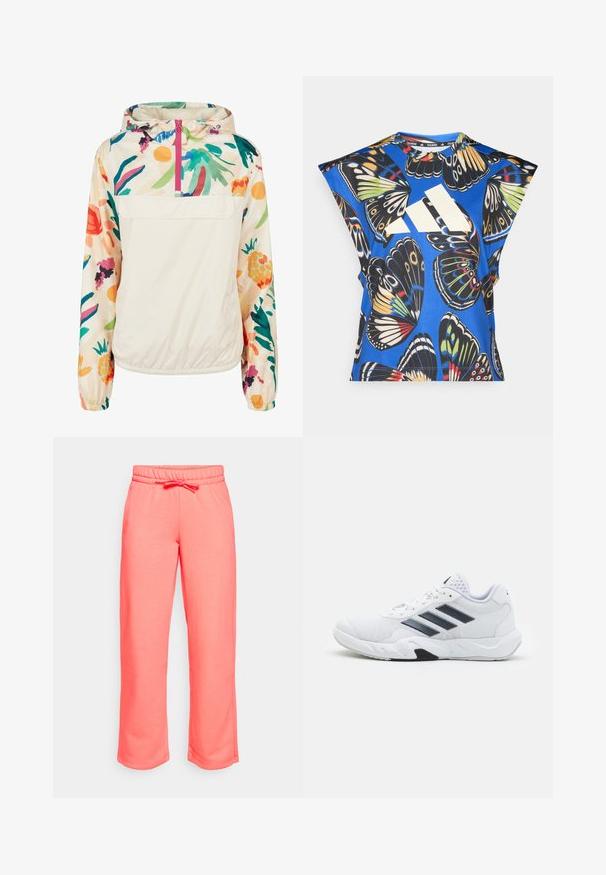 Lagani, krem pulover jakna s cvjetnim uzorkom u živim bojama. Ima prednji zip, kapuljaču i elastične manžete za sigurno prianjanje.; Plava košulja kratkih rukava s vibrantnim uzorkom leptira u raznim bojama, s velikim bijelim logom sprijeda i okruglim izrezom.; Pantalone od koraljne boje izrađeni od mekog materijala. Imaju elastičnu traku u struku s vezicom i ravni kroj nogavica. Nemaju džepove.; Bijela atletska cipela s mrežastim gornjim dijelom, tri crne pruge sa strane, strukturirani detalji i čvrst gumeni potplat s kontrastnim crnim dijelom.