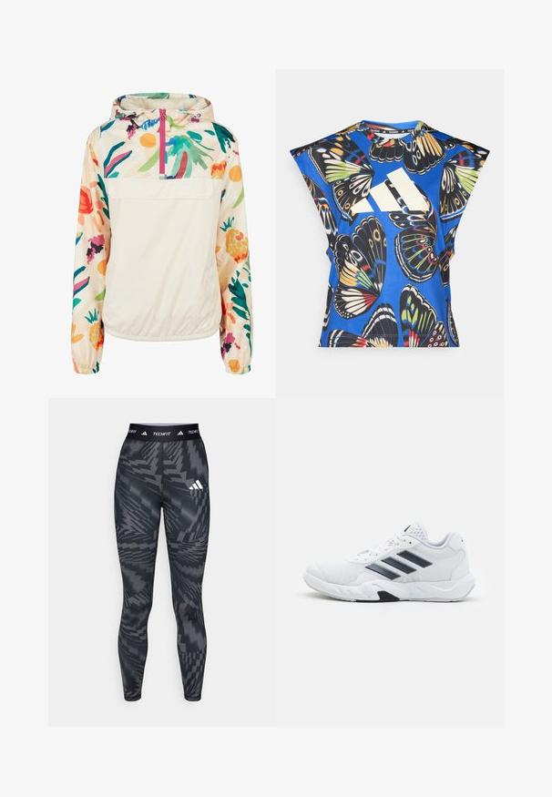 Giacca leggera a pullover in crema con un motivo floreale dai colori vivaci. Caratterizzata da una zip anteriore, cappuccio e polsini elastici per una vestibilità sicura.; Camicia blu a maniche corte con una vivace stampa di farfalle in vari colori, dotata di un grande logo bianco sul davanti e di un collo rotondo.; Leggings con motivo nero e grigio, dal fit aderente, realizzati in materiale liscio, con un elastico in vita etichettato "TECHFIT" e logo a tre strisce.; Scarpa sportiva bianca con tomaia in mesh, tre strisce nere sui lati, dettagli testurizzati e una suola in gomma robusta con una sezione nera a contrasto.