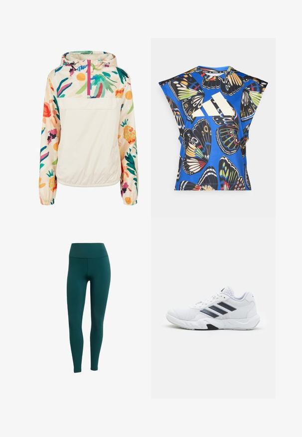 Letvægts, cremet pullover-jakke med et blomsterdesign i strålende farver. Har en lynlås foran, hætte og elastiske manchetter for en sikker pasform.; Blå kortærmet skjorte med et livligt sommerfuglemønster i forskellige farver, med et stort hvidt logo på forsiden og en rund halsudskæring.; Teal leggings med høj talje, lavet af strækbart stof, med en glat overflade og en tætsiddende silhuet, ideelle til aktivt tøj.; Hvid atletisk sko med mesh-overdel, tre sorte striber på siden, strukturerede accenter og en robust gummisål med et kontrasterende sort område.