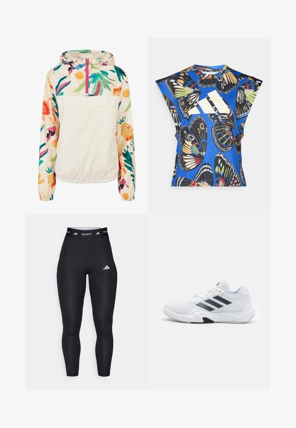 Gaišs, krēmkrāsas džemperis ar ziedu rakstu spilgtās krāsās. Iespējas ietver priekšējo rāvējslēdzēju, kapuci un elastīgas aproces drošai piegulšanai.; Zils īsām piedurknēm krekls ar dzīvīgu tauriņu drukājumu dažādās krāsās, ar lielu baltu logo priekšpusē un apaļu kakla izgriezumu.; Melnais Techfit legingi ar augsto jostasvietu, gluda auduma, ar baltu Adidas logotipu un zīmolu gar jostasvietu.; Baltā sporta apavi ar sietu augšdaļu, trīs melnām svītrām sānos, teksturētām akcentiem un izturīgu gumijas zoli ar kontrastējošu melnu daļu.
