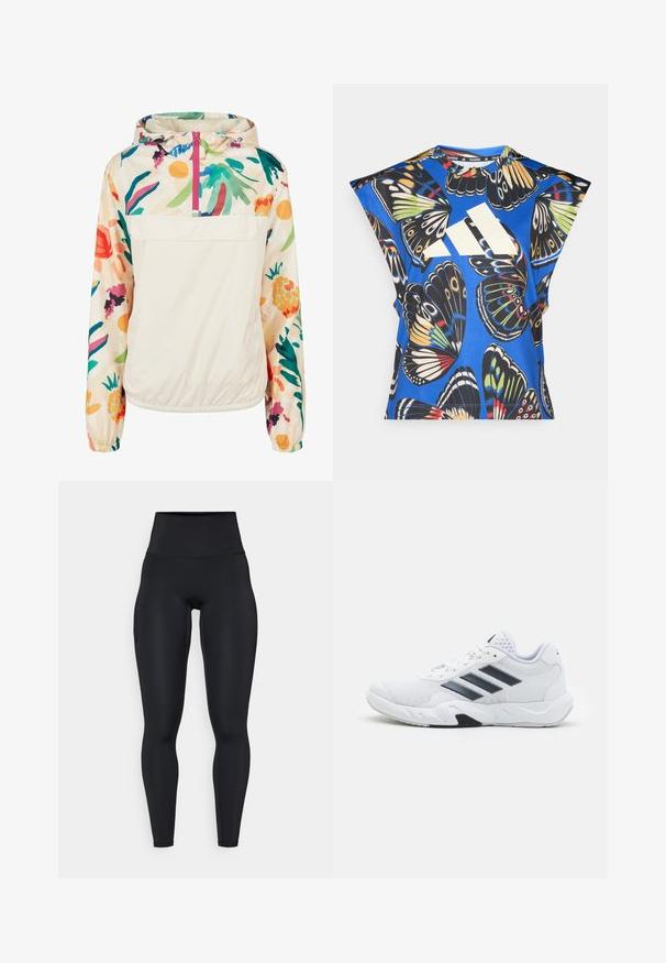 Lehký krémový pulover s květinovým vzorem v živých barvách. Má přední zip, kapuci a elastické manžety pro bezpečné nošení.; Modrá košile s krátkými rukávy, která má živý potisk motýlů v různých barvách, velké bílé logo na přední straně a kulatý výstřih.; Černé legíny s vysokým pasem vyrobené z elastického materiálu, s hladkým povrchem, přiléhavým střihem a bočními kapsami.; Bílé sportovní boty s vrškem ze síťoviny, třemi černými pruhy po stranách, texturovanými akcenty a odolnou gumovou podrážkou s kontrastní černou částí.
