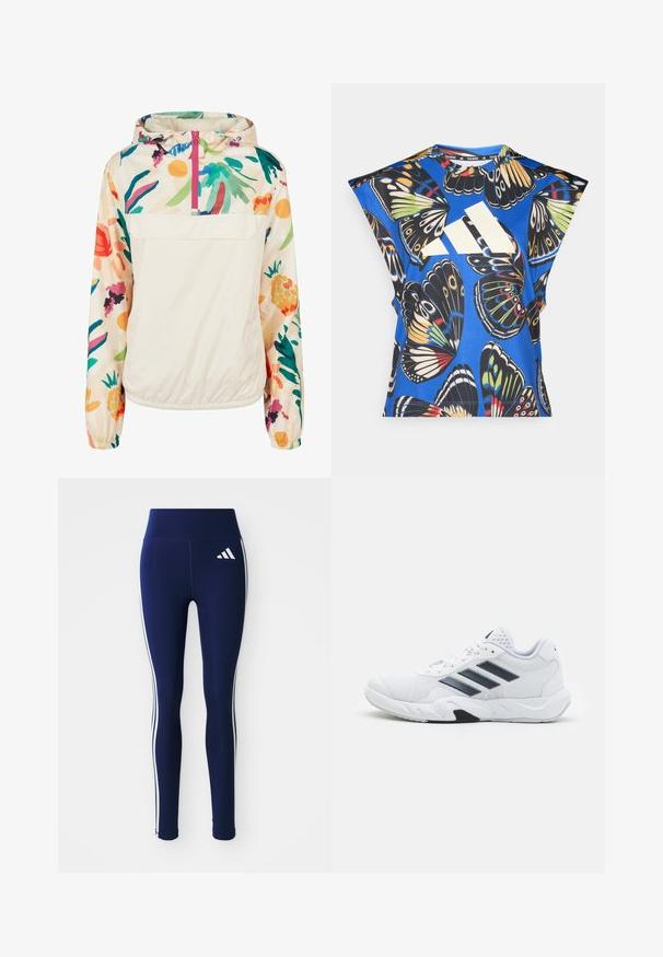 Lichtgewicht, crèmekleurige pulloverjack met een bloemenpatroon in levendige kleuren. Voorzien van een rits aan de voorkant, een capuchon en elastische manchetten voor een omsloten pasvorm.; Blauw T-shirt met korte mouwen, versierd met een levendige vlinderprint in verschillende kleuren, met een groot wit logo aan de voorkant en een ronde halslijn.; Marineblauwe leggings van rekbaar materiaal, met een hoge taille en witte zijstrepen. Een klein wit logo is zichtbaar op de bovenkant van de dij.; Witte sportieve schoen met een bovenwerk van mesh, drie zwarte strepen aan de zijkant, gestructureerde accenten en een stevige rubberen zool met een contrasterend zwart gedeelte.