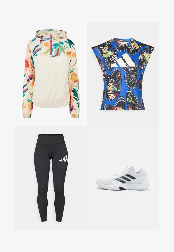 Lehký krémový pulover s květinovým vzorem v živých barvách. Má přední zip, kapuci a elastické manžety pro bezpečné nošení.; Modrá košile s krátkými rukávy, která má živý potisk motýlů v různých barvách, velké bílé logo na přední straně a kulatý výstřih.; Černé legíny vyrobené z elastického materiálu mají vysoký pas a tři bílé diagonální pruhy na levém stehně. Hladká textura.; Bílé sportovní boty s vrškem ze síťoviny, třemi černými pruhy po stranách, texturovanými akcenty a odolnou gumovou podrážkou s kontrastní černou částí.