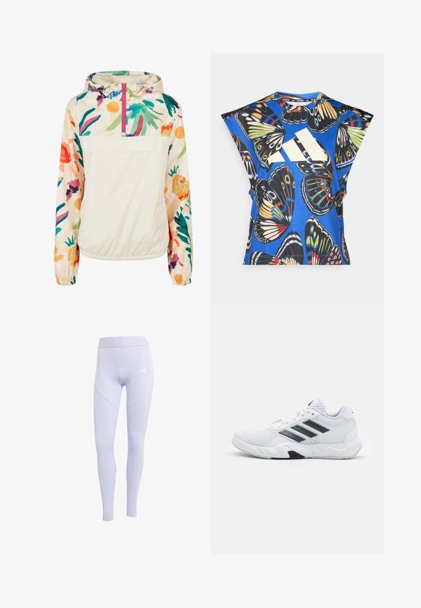 Giacca leggera a pullover in crema con un motivo floreale dai colori vivaci. Caratterizzata da una zip anteriore, cappuccio e polsini elastici per una vestibilità sicura.; Camicia blu a maniche corte con una vivace stampa di farfalle in vari colori, dotata di un grande logo bianco sul davanti e di un collo rotondo.; Leggings lilla chiaro realizzati in tessuto elasticizzato con vita alta, caratterizzati da un logo discreto e da un design senza cuciture sui pannelli laterali.; Scarpa sportiva bianca con tomaia in mesh, tre strisce nere sui lati, dettagli testurizzati e una suola in gomma robusta con una sezione nera a contrasto.