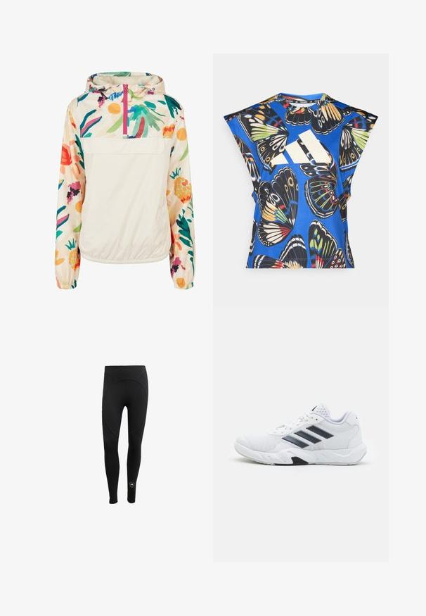 Gaišs, krēmkrāsas džemperis ar ziedu rakstu spilgtās krāsās. Iespējas ietver priekšējo rāvējslēdzēju, kapuci un elastīgas aproces drošai piegulšanai.; Zils īsām piedurknēm krekls ar dzīvīgu tauriņu drukājumu dažādās krāsās, ar lielu baltu logo priekšpusē un apaļu kakla izgriezumu.; Sieviešu melni legingi no elastīgas auduma, ar augstu jostasvietu un bezšuvju dizainu, ar apaļu muguras paneli un logo detaļu.; Baltā sporta apavi ar sietu augšdaļu, trīs melnām svītrām sānos, teksturētām akcentiem un izturīgu gumijas zoli ar kontrastējošu melnu daļu.