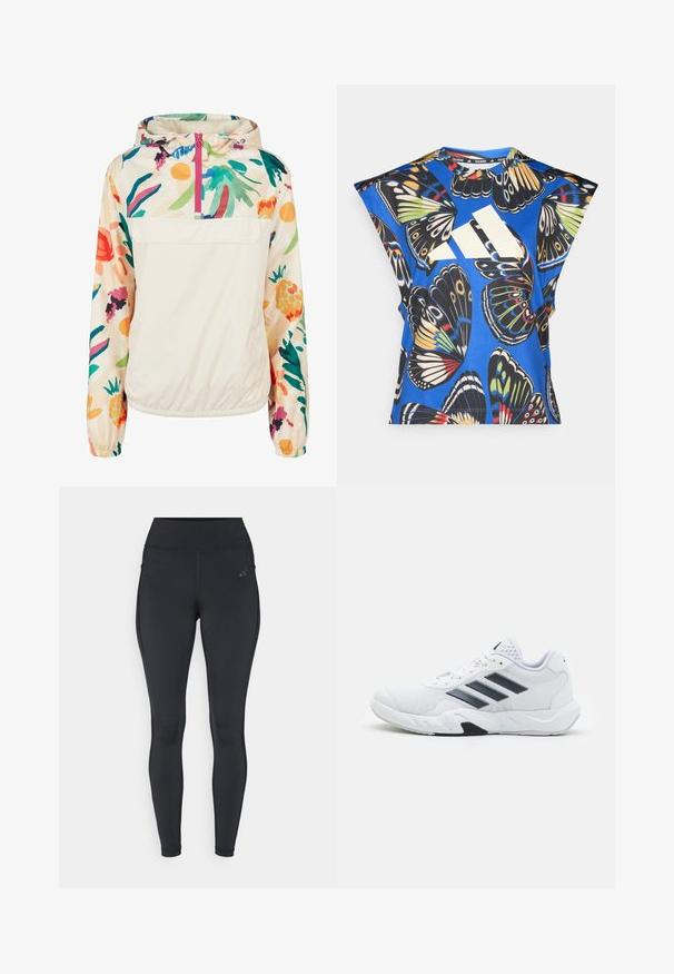 Lightweight, cream pullover jacket with a floral pattern in vibrant colors. Features a front zip, hood, and elastic cuffs for a secure fit.; Blue short-sleeve shirt featuring a vibrant butterfly print in various colors, with a large white logo on the front and a round neckline.; Black leggings with a high waistband, sleek design, stretching fabric, and side pockets. Features subtle brand logo on the upper leg.; White athletic shoe with mesh upper, three black stripes on the side, textured accents, and a sturdy rubber sole with a contrasting black section.