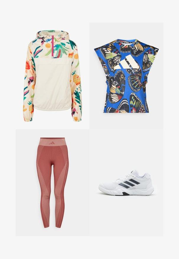 Gaišs, krēmkrāsas džemperis ar ziedu rakstu spilgtās krāsās. Iespējas ietver priekšējo rāvējslēdzēju, kapuci un elastīgas aproces drošai piegulšanai.; Zils īsām piedurknēm krekls ar dzīvīgu tauriņu drukājumu dažādās krāsās, ar lielu baltu logo priekšpusē un apaļu kakla izgriezumu.; Sarkanas adītas legingi ar augstu jostu, kuru virsma ir ar teksturētiem rakstiem un diagonālām svītrām. Materiāls izskatās elastīgs un pieguļošs.; Baltā sporta apavi ar sietu augšdaļu, trīs melnām svītrām sānos, teksturētām akcentiem un izturīgu gumijas zoli ar kontrastējošu melnu daļu.