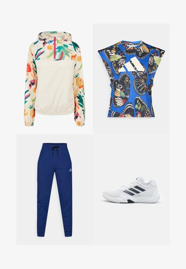 Lightweight, cream pullover jacket with a floral pattern in vibrant colors. Features a front zip, hood, and elastic cuffs for a secure fit.; Blue short-sleeve shirt featuring a vibrant butterfly print in various colors, with a large white logo on the front and a round neckline.; Blue cotton joggers with an elastic waistband, adjustable black drawstring, and a small white logo on the left thigh. Fitted design.; White athletic shoe with mesh upper, three black stripes on the side, textured accents, and a sturdy rubber sole with a contrasting black section.