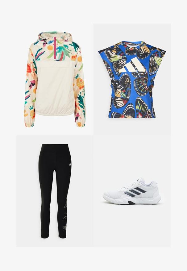 Lengvas, kreminės spalvos megztinis su gėlėmis ryškiomis spalvomis. Savybės: priekinis užtrauktukas, kapišonas ir elastingi rankogaliai, užtikrinantys tvirtą tinkamumą.; Mėlyna trumpomis rankovėmis marškinėliai, puošti ryškiais drugelių motyvais įvairiomis spalvomis, su dideliu baltu logotipu priekyje ir apvaliu iškirpimu.; Juodos tamprės, pagamintos iš tamprios medžiagos, su aukštu juosmeniu ir atspindinčiu logo ant klubo, su geometriniu akcentu ant kojos.; Baltas sportinis batelis su tinklelio viršumi, trimis juodomis juostelėmis šone, tekstūruotais akcentais ir tvirtu guminio pado su kontrastinga juoda dalimi.