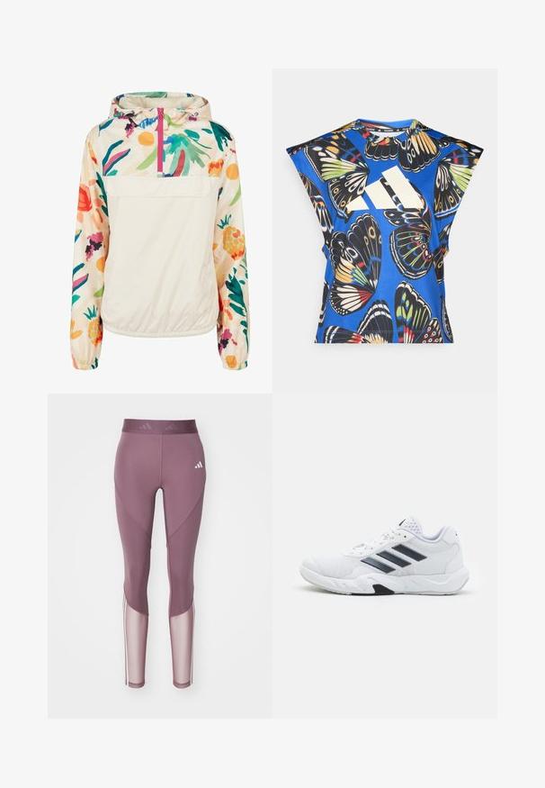 Giacca leggera a pullover in crema con un motivo floreale dai colori vivaci. Caratterizzata da una zip anteriore, cappuccio e polsini elastici per una vestibilità sicura.; Camicia blu a maniche corte con una vivace stampa di farfalle in vari colori, dotata di un grande logo bianco sul davanti e di un collo rotondo.; adidas Performance Leggings - shadow fig/white; Scarpa sportiva bianca con tomaia in mesh, tre strisce nere sui lati, dettagli testurizzati e una suola in gomma robusta con una sezione nera a contrasto.