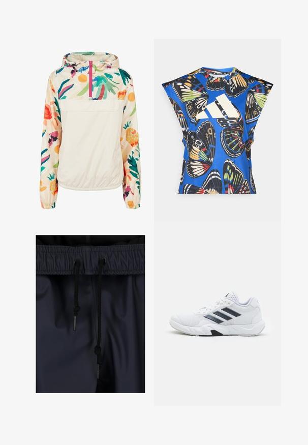 Lichtgewicht, crèmekleurige pulloverjack met een bloemenpatroon in levendige kleuren. Voorzien van een rits aan de voorkant, een capuchon en elastische manchetten voor een omsloten pasvorm.; Blauw T-shirt met korte mouwen, versierd met een levendige vlinderprint in verschillende kleuren, met een groot wit logo aan de voorkant en een ronde halslijn.; Marineblauwe joggingsbroek met een trekkoord in de taille, voorzien van zwarte gevlochten koorden en metalen aglets, gemaakt van glad, waterafstotend materiaal.; Witte sportieve schoen met een bovenwerk van mesh, drie zwarte strepen aan de zijkant, gestructureerde accenten en een stevige rubberen zool met een contrasterend zwart gedeelte.