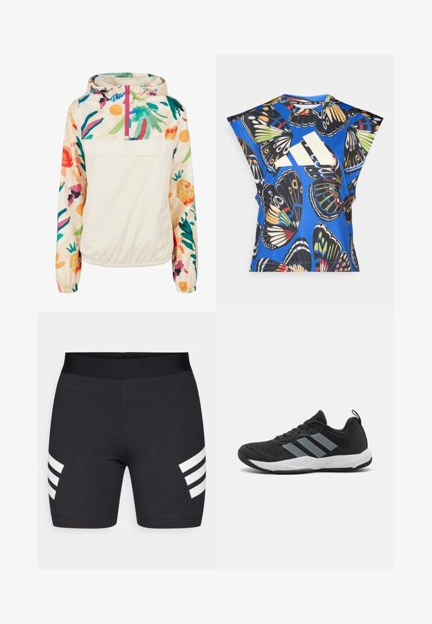 Lengvas, kreminės spalvos megztinis su gėlėmis ryškiomis spalvomis. Savybės: priekinis užtrauktukas, kapišonas ir elastingi rankogaliai, užtikrinantys tvirtą tinkamumą.; Mėlyna trumpomis rankovėmis marškinėliai, puošti ryškiais drugelių motyvais įvairiomis spalvomis, su dideliu baltu logotipu priekyje ir apvaliu iškirpimu.; Juoda sportinė šortai pagaminti iš elastingos medžiagos, su storu juosmeniu ir dviem baltomis juostelėmis iš abiejų pusių. Lygi tekstūra.; Juodas sportinis batelis su šviesiai pilkomis juostelėmis, tekstūruota tinklelio viršutinė dalis, juodi raišteliai ir balta išorė. Yra traukimo juostelė ant kulno.