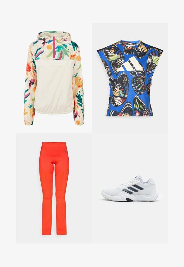 Gaišs, krēmkrāsas džemperis ar ziedu rakstu spilgtās krāsās. Iespējas ietver priekšējo rāvējslēdzēju, kapuci un elastīgas aproces drošai piegulšanai.; Zils īsām piedurknēm krekls ar dzīvīgu tauriņu drukājumu dažādās krāsās, ar lielu baltu logo priekšpusē un apaļu kakla izgriezumu.; Spožus oranžās legingi ar pieguļošu dizainu, ribinātām akcentiem gar sāniem un logotipu tuvu jostas vietai. Visā virsmā ir gluda tekstūra.; Baltā sporta apavi ar sietu augšdaļu, trīs melnām svītrām sānos, teksturētām akcentiem un izturīgu gumijas zoli ar kontrastējošu melnu daļu.