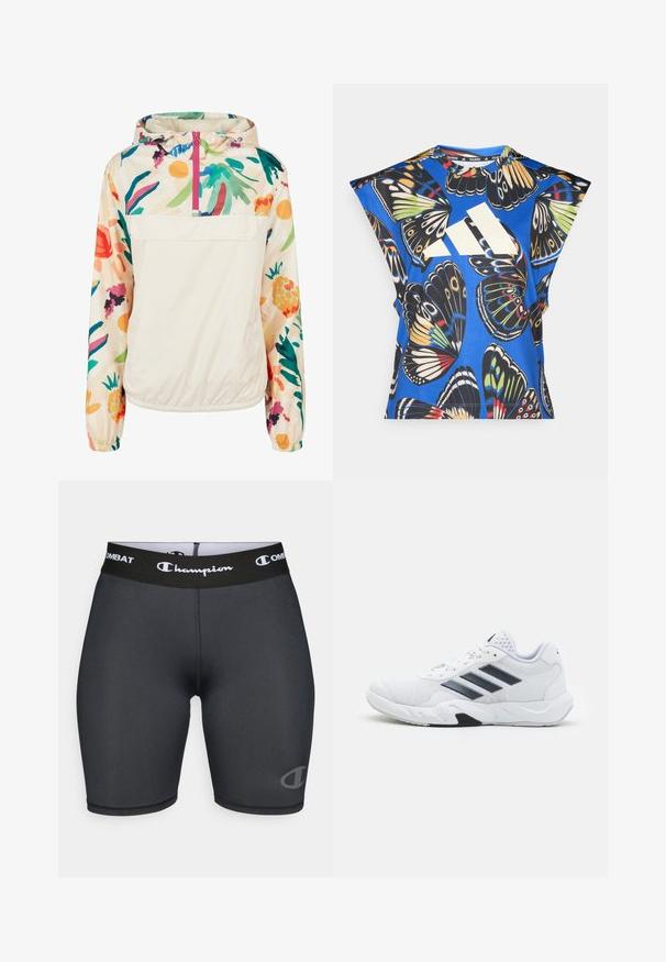 Ľahká, krémová puloverová bunda s kvetinovým vzorom v živých farbách. Obsahuje predný zips, kapucňu a elastické manžety pre bezpečné uchytenie.; Modrá košeľa s krátkym rukávom s živým potlačou motýľa v rôznych farbách, s veľkým bielym logom na prednej strane a okrúhlym výstrihom.; Čierne športové šortky s logom Champion a značkovaním Combat na širokom páse. Vyrobené z hladkého, elastického materiálu.; Biele športové topánky s ventilovaným vrchom, tromi čiernymi pruhmi po stranách, textúrovanými akcentmi a pevným gumovým podošvom s kontrastnou čiernou časťou.