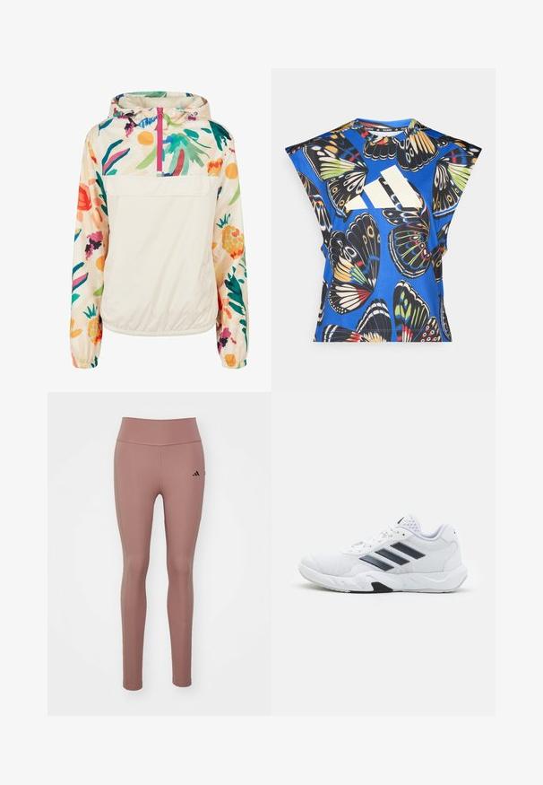 Veste à capuche légère en crème avec un motif floral aux couleurs vives. Elle dispose d'une fermeture éclair à l'avant et de poignets élastiques pour un ajustement sécurisé.; Chemise bleue à manches courtes ornée d'un imprimé de papillons colorés, avec un grand logo blanc sur le devant et un col rond.; Legging de sport rose en tissu extensible. Design taille haute avec une texture lisse et un petit logo noir sur la hanche gauche.; Baskets blanches avec une tige en maille, trois rayures noires sur le côté, des accents texturés et une semelle en caoutchouc robuste avec une section noire contrastante.