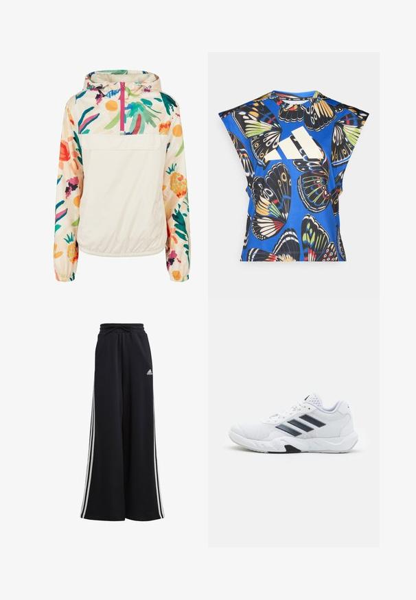 Lekka, kremowa kurtka z kapturem z kwiatowym wzorem w intensywnych kolorach. Posiada zamek z przodu, kaptur i elastyczne mankiety dla pewnego dopasowania.; Niebieska koszula z krótkim rękawem z żywym nadrukiem motyli w różnych kolorach, z dużym białym logo z przodu i okrągłym dekoltem.; adidas Sportswear - Spodnie treningowe; Białe buty sportowe z siateczkową cholewką, trzy czarne paski po boku, teksturowane akcenty i solidna gumowa podeszwa z kontrastującą czarną sekcją.