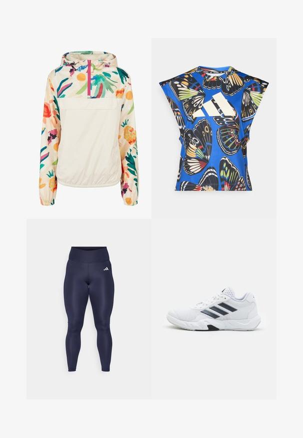 Lahki, kremni pulover jakna s cvetličnim vzorcem v živih barvah. Ima sprednji zadrgo, kapuco in elastične manšete za varen oprijem.; Modra kratka majica s kratkimi rokavi, ki vsebuje živahno potisk z metulji v različnih barvah, z velikim belim logotipom spredaj in okroglim izrezom.; adidas Performance Pajkice - legend ink; Bela atletska čevlja z mrežastim zgornjim delom, tremi črnimi črtami na strani, teksturiranimi dodatki in trdim gumijastim podplatom z kontrastnim črnim delom.