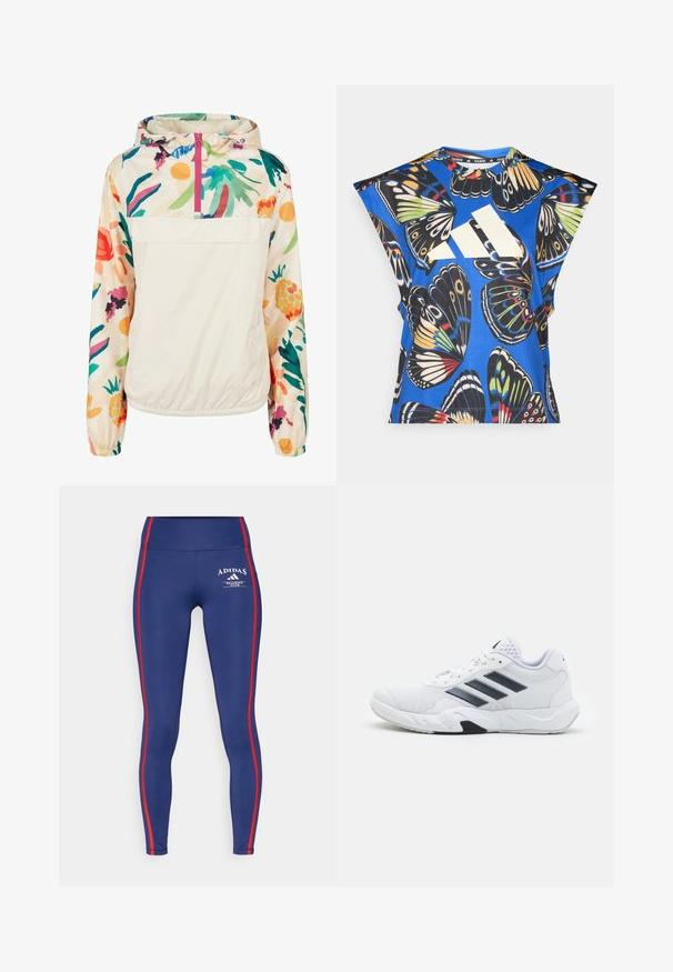 Lightweight, cream pullover jacket with a floral pattern in vibrant colors. Features a front zip, hood, and elastic cuffs for a secure fit.; Blue short-sleeve shirt featuring a vibrant butterfly print in various colors, with a large white logo on the front and a round neckline.; Navy leggings made of stretchy material, featuring red side stripes and an Adidas logo, with a high waist design for comfort.; White athletic shoe with mesh upper, three black stripes on the side, textured accents, and a sturdy rubber sole with a contrasting black section.