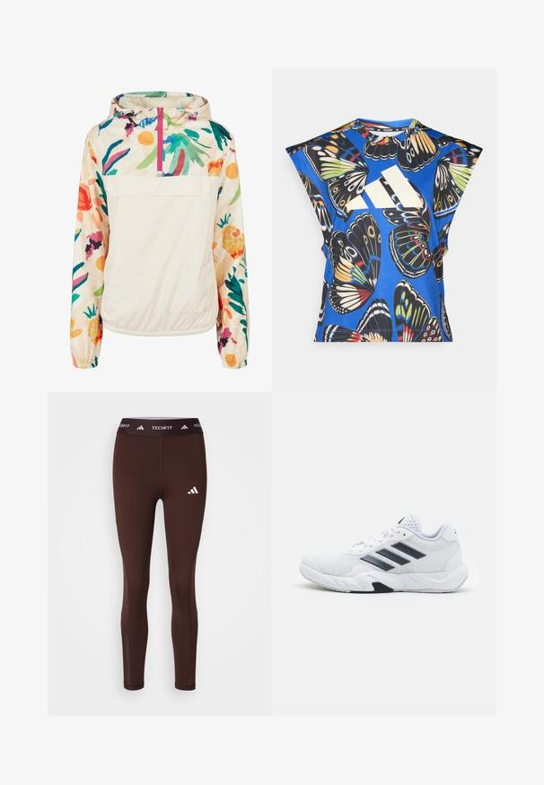 Lehký krémový pulover s květinovým vzorem v živých barvách. Má přední zip, kapuci a elastické manžety pro bezpečné nošení.; Modrá košile s krátkými rukávy, která má živý potisk motýlů v různých barvách, velké bílé logo na přední straně a kulatý výstřih.; adidas Performance TF STASH 1/1 L - Legíny - kalhoty - shadow brown; Bílé sportovní boty s vrškem ze síťoviny, třemi černými pruhy po stranách, texturovanými akcenty a odolnou gumovou podrážkou s kontrastní černou částí.
