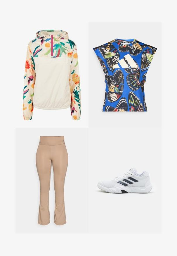 Lagani, krem pulover jakna s cvjetnim uzorkom u živim bojama. Ima prednji zip, kapuljaču i elastične manžete za sigurno prianjanje.; Plava košulja kratkih rukava s vibrantnim uzorkom leptira u raznim bojama, s velikim bijelim logom sprijeda i okruglim izrezom.; Kupaće tajice u boji kože s visokom strukom, raširenim rubom, glatkom teksturom i bez vidljivih uzoraka ili metalnih detalja.; Bijela atletska cipela s mrežastim gornjim dijelom, tri crne pruge sa strane, strukturirani detalji i čvrst gumeni potplat s kontrastnim crnim dijelom.