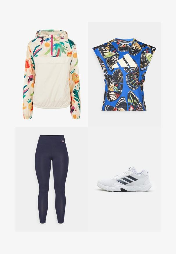 Lengvas, kreminės spalvos megztinis su gėlėmis ryškiomis spalvomis. Savybės: priekinis užtrauktukas, kapišonas ir elastingi rankogaliai, užtikrinantys tvirtą tinkamumą.; Mėlyna trumpomis rankovėmis marškinėliai, puošti ryškiais drugelių motyvais įvairiomis spalvomis, su dideliu baltu logotipu priekyje ir apvaliu iškirpimu.; Jūrų laivyno spalvos leggingai, pagaminti iš elastingos medžiagos, su aukštu liemeniu ir mažu logotipo akcentu šalia klubo. Nėra matomų raštų ar tekstūrų.; Baltas sportinis batelis su tinklelio viršumi, trimis juodomis juostelėmis šone, tekstūruotais akcentais ir tvirtu guminio pado su kontrastinga juoda dalimi.