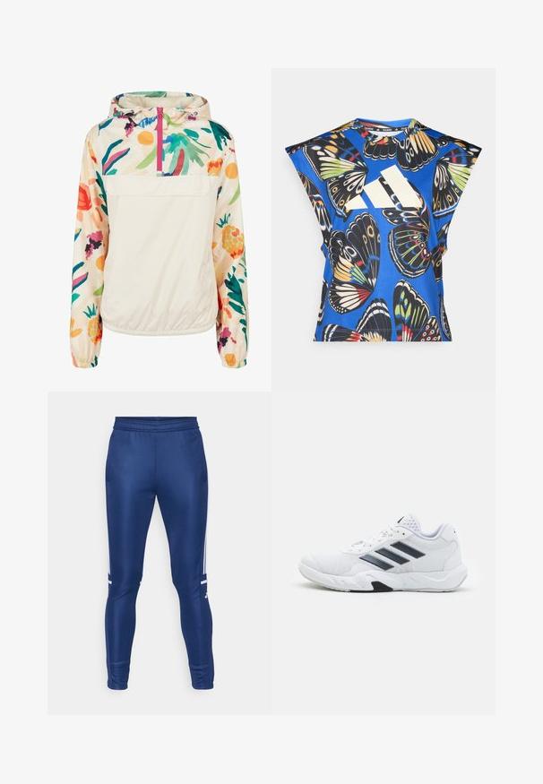 Lahki, kremni pulover jakna s cvetličnim vzorcem v živih barvah. Ima sprednji zadrgo, kapuco in elastične manšete za varen oprijem.; Modra kratka majica s kratkimi rokavi, ki vsebuje živahno potisk z metulji v različnih barvah, z velikim belim logotipom spredaj in okroglim izrezom.; Mornarske športne hlače s tesnim krojem, narejene iz gladkega materiala, z belimi stranskimi črtami in elastičnim pasom.; Bela atletska čevlja z mrežastim zgornjim delom, tremi črnimi črtami na strani, teksturiranimi dodatki in trdim gumijastim podplatom z kontrastnim črnim delom.