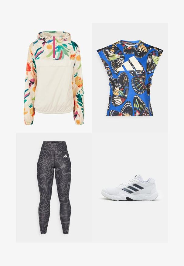 Giacca leggera a pullover in crema con un motivo floreale dai colori vivaci. Caratterizzata da una zip anteriore, cappuccio e polsini elastici per una vestibilità sicura.; Camicia blu a maniche corte con una vivace stampa di farfalle in vari colori, dotata di un grande logo bianco sul davanti e di un collo rotondo.; Leggings neri con un motivo astratto e testurizzato in diverse sfumature di grigio, dotati di una vita alta e un logo bianco sull'anca.; Scarpa sportiva bianca con tomaia in mesh, tre strisce nere sui lati, dettagli testurizzati e una suola in gomma robusta con una sezione nera a contrasto.